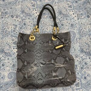 Cynthia Rowley Black and Gray Snakeskin Tote with Gold Accents